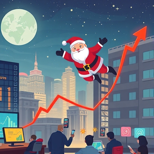 illustration of a cheerful Santa Claus figure flying over a bustling global stock market cityscape at night with upward trending arrows festive lights and diverse investors eagerly watching glowing screens a sense of optimism and anticipation