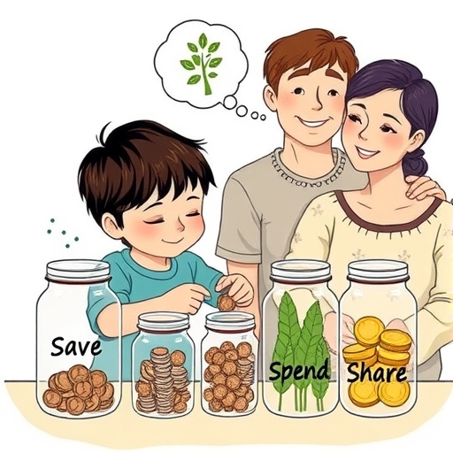 孩子仔細分類錢幣到標記儲蓄、消費、分享的罐子，上方思想泡泡顯示成長錢樹，父母微笑觀察