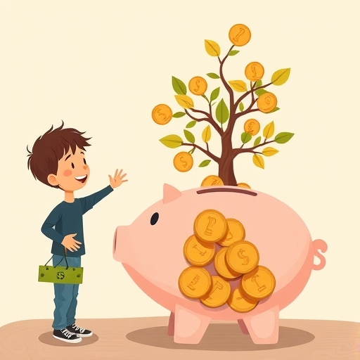孩子快樂地把錢幣存入長出樹木的存錢筒，象徵成長與長期規劃，旁邊有小孩子學習數錢