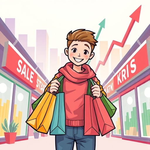 illustration of a confident smiling consumer holding shopping bags surrounded by ret<a href=