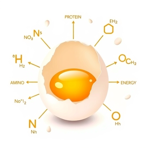 裂開的雞蛋顯示鮮豔蛋黃和濃稠蛋白,周圍環繞科學符號代表蛋白質胺基酸和能量,在潔白背景上