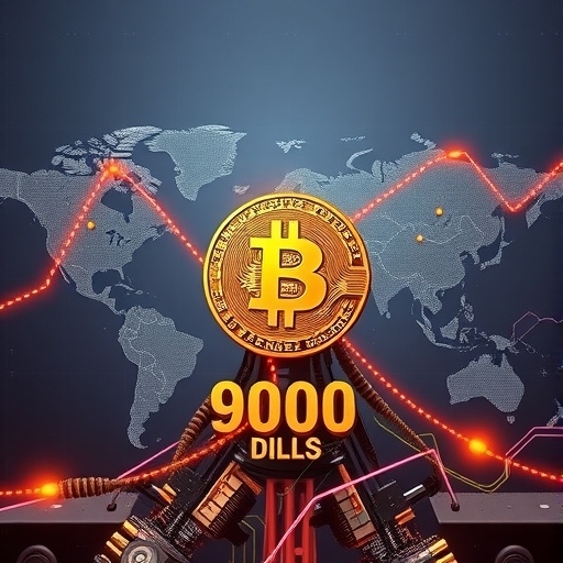 數位比特幣突破九萬美元關卡，背景融合全球地緣政治地圖與AI電路，象徵新時代常態