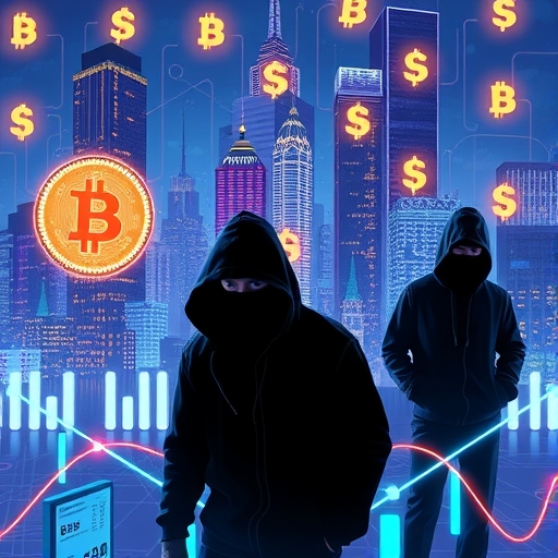 數位城市景觀插圖，背景閃耀加密貨幣符號，前景有戴兜帽的網路罪犯潛伏陰影中，試圖竊取資料，代表網路威脅與詐騙