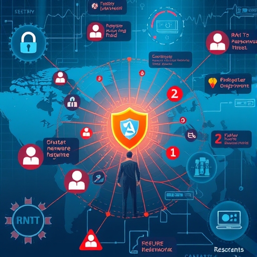 數位景觀中各種網路威脅如勒索軟體和金融詐騙攻擊安全網路,一個人手持盾牌在複雜數位環境中導航