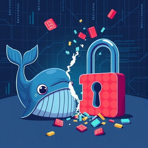 數位鎖碎裂插圖，資料碎片散落，象徵資安漏洞與資訊竊取，旁邊有受驚的鯨魚角色與破損多重簽名鑰匙，第三方登入入口出現裂痕