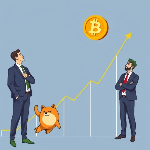 狗狗幣價格下跌圖表與西裝商務人士深思的插圖，象徵聰明資金投資策略與長期潛力