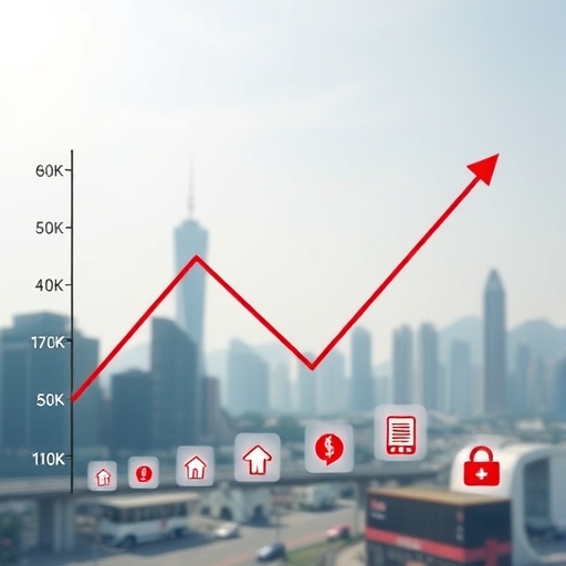 台灣通膨率下降的圖表線,背景有房租、醫療和娛樂服務的小型上升圖示,顯示混合經濟訊號