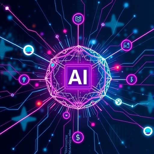 動態 AI 生態系統插圖，連接晶片技術、法律戰役與財務挑戰形塑人工智慧未來