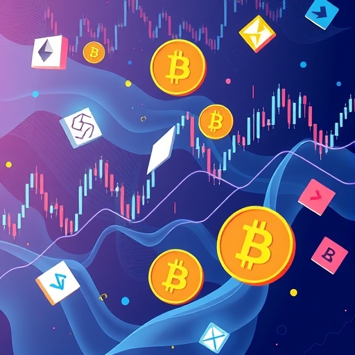 動態加密貨幣市場插圖，顯示以太坊、比特幣和XRP符號環繞經濟指標與科技公司標誌