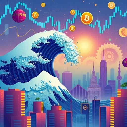 動態加密貨幣市場插圖，數位浪潮衝擊金融城市景觀，展現未來金融科技與財富管理策略，<a href=