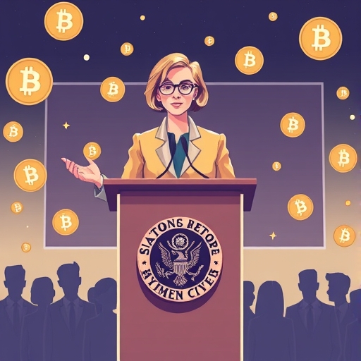 懷俄明州參議員辛西亞·魯米斯宣布退休,背景有加密貨幣符號與懷俄明州地圖