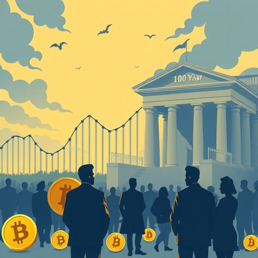 金融市場場景中美國10年期公債殖利率圖表保持平穩，儘管聯準會降息象徵存在，人們困惑，比特幣符號在前景，經濟陰影逼近