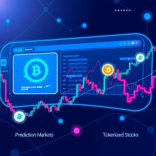 未來Coinbase平台展示預測市場與代幣化股票圖示，區塊鏈線條與傳統股票圖表交融，象徵傳統金融融入區塊鏈世界