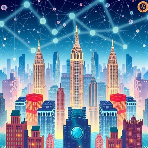 未來城市景觀中區塊鏈網絡與傳統金融建築交織，象徵數位資產革命與DeFi帶領的市場轉型