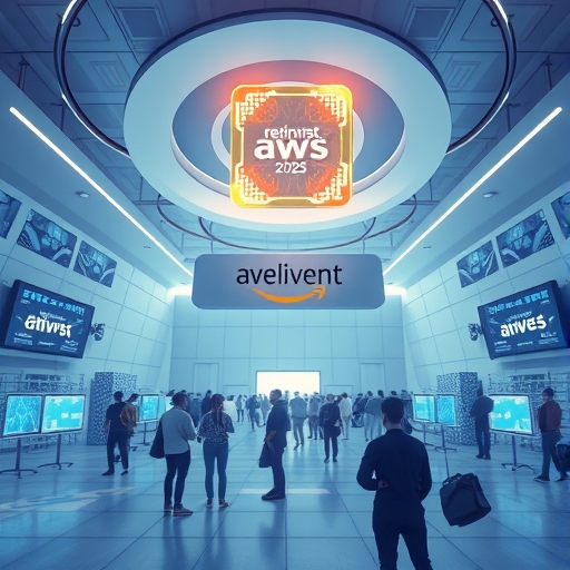 AWS re:Invent 2025 未來會議廳插圖，展示生成式 AI 介面與 Trainium2 晶片