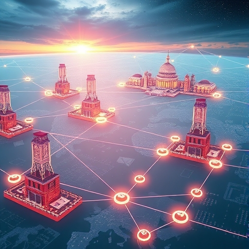 未來全球金融景觀，展示數位資產、金融科技與新興金融樞紐的互聯網絡，象徵創新與監管平衡