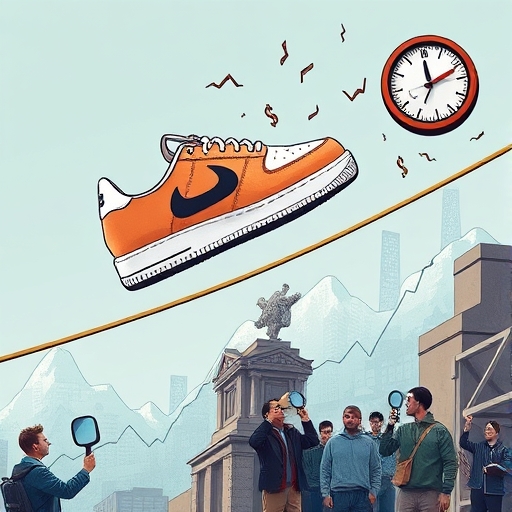 巨型耐克鞋在財務緊繩上平衡插圖,交易者觀察即將公布財報