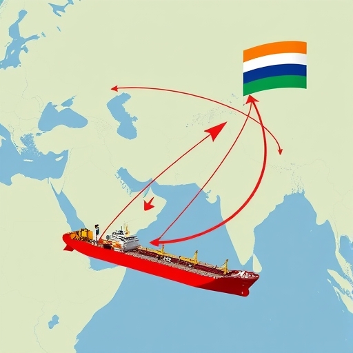 全球能源貿易路線從俄羅斯轉向印度，繞過西方制裁的示意圖