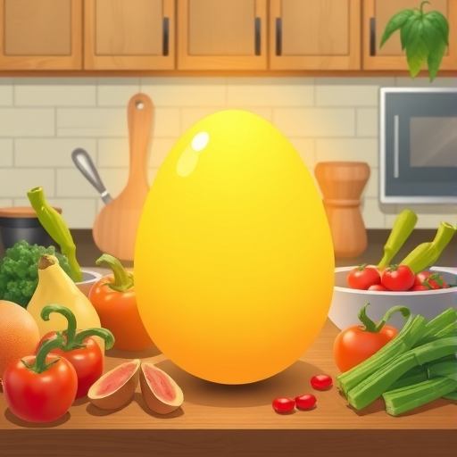 金色雞蛋在廚房桌上發光,周圍環繞新鮮蔬菜和烹飪用具,象徵其在全球料理和營養中的多功能角色