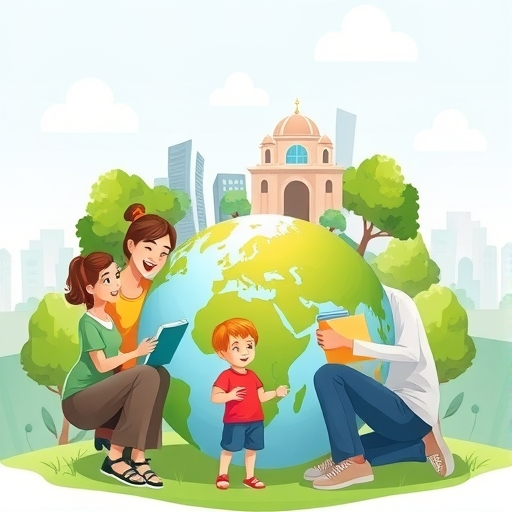 快樂家庭父母與孩子學習金錢知識，背景有綠色地球、樹木與建築，象徵永續未來