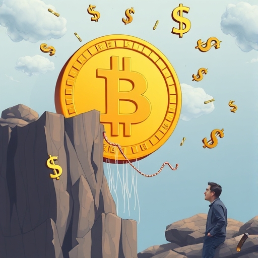 大型比特幣從懸崖跌落，象徵數十億美元市值損失與投資者憂慮