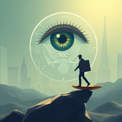 SEC監管插圖，顯示區塊鏈透明度與隱私保護的平衡天平及數位景觀