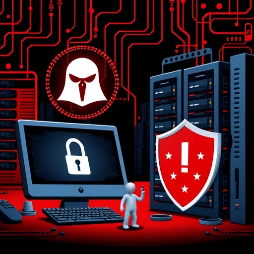 威脅性的勒索軟體圖示、鎖定的電腦螢幕,以及盾牌保護的伺服器農場,一個小人物正在應用安全補丁