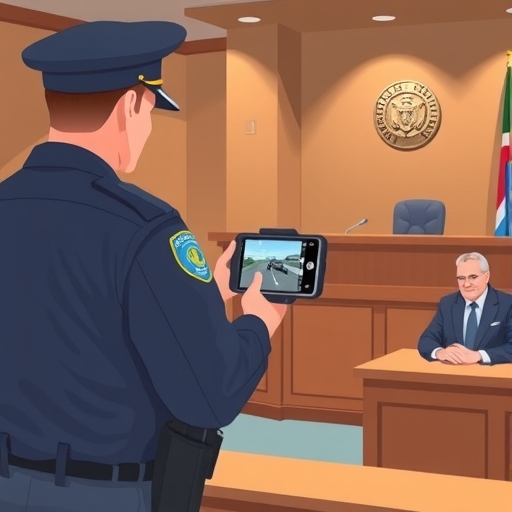 警察在法庭展示手機直播證據的插圖，法官及被告在場