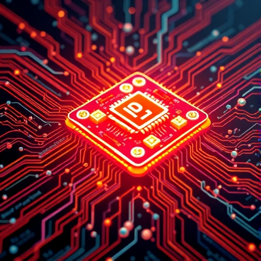 Trainium2 AI 晶片發光插圖，連接數據網路代表高性能與能源效率