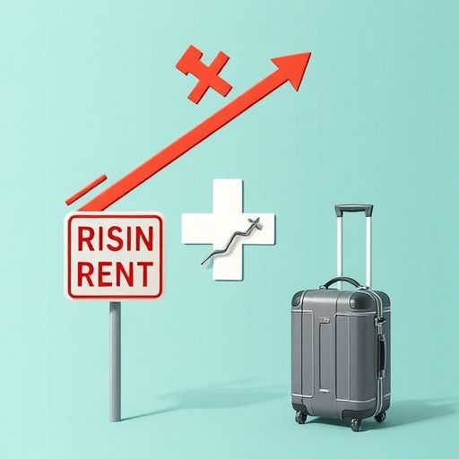 上升的房租標誌、醫療十字和旅行行李箱,代表住房、醫療保健和娛樂服務價格持續上漲,反映整體緩解中頑固的通膨
