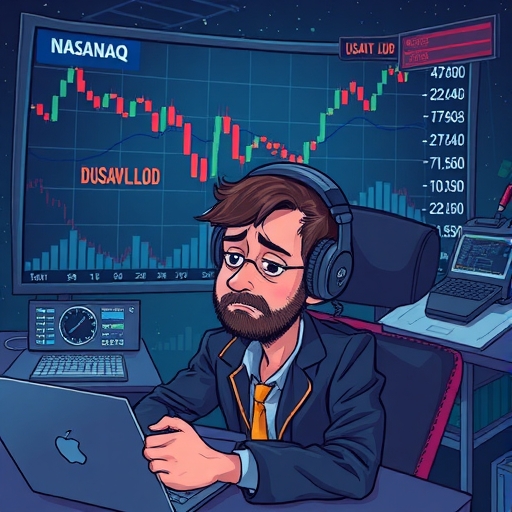 沮喪的科技投資人注視道瓊、標普500和納斯達克下跌圖表，高估值科技泡沫破裂象徵殘酷一週與經濟成長疑慮
