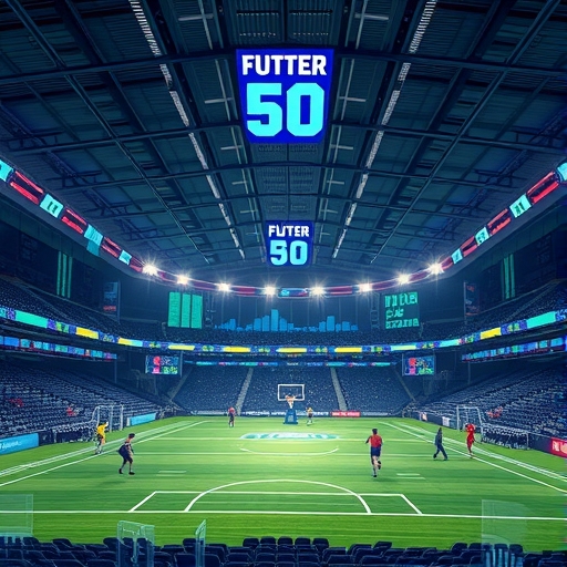 現代體育場館中運動員動作與效能指標的透明數據疊加，展現未來科技與運動的融合