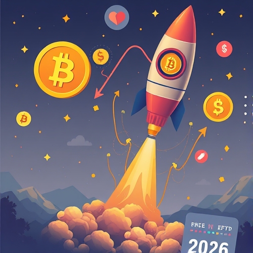 比特幣火箭飆升插圖，向高價目標發射，2026年曆與美元符號、ETF標誌背景，象徵市場需求與減半事件，充滿希望氛圍