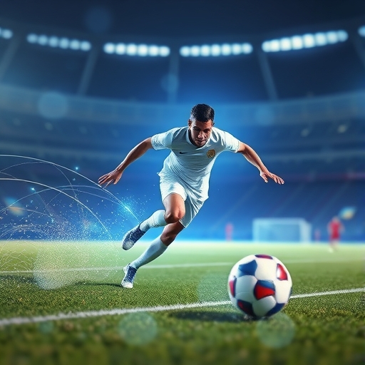 足球運動員在場上動作中，周圍環繞發光的3D追蹤線與數據點，顯示速度與軌跡