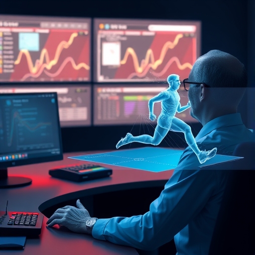 體育教練在控制室觀看運動員跑步的詳細3D全息投影，周圍環繞流動的數據點與線條