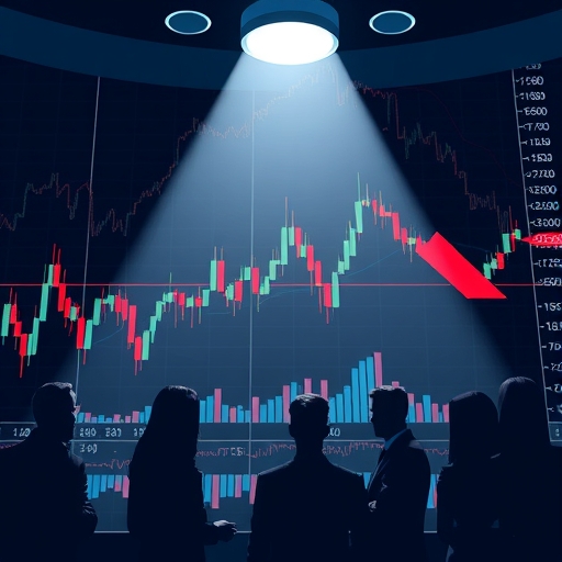 illustration of a spotlight shining on a stock chart with investors observing it in a dynamic financial market background