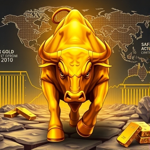 強壯金牛向前衝刺，背景為全球經濟不確定與地緣政治地圖，凸顯黃金作為可靠避險資產