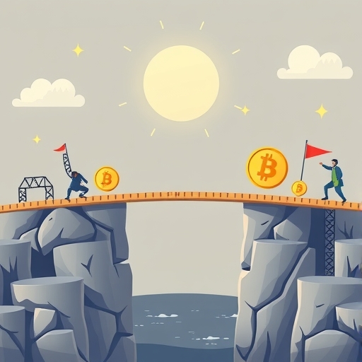 穩定幣構築的堅固橋樑,連接傳統法幣與加密貨幣象徵,新舊機構共同擴建橋樑