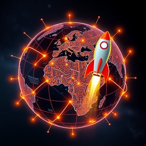 風格化地球與互聯發光線條，象徵科技創新、AI神經網絡與火箭發射，代表新投資機會