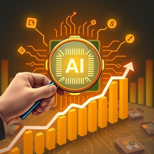 illustration of a stylized semiconductor chip with glowing AI circuits transforming into a rising stock chart a hand holds a magnifying glass over it while another hand gestures towards options trading symbols representing strategic investment and growth potential