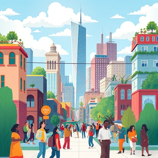 現代城市景觀，展現多元人群與現代建築，象徵全球永續發展與社會挑戰