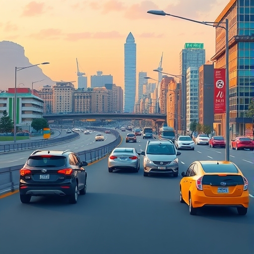 充滿活力的城市景觀，多種自動駕駛車輛穿梭，展示市場快速擴張與 2033 年 6,680 億美元自駕產業估值，象徵智慧城市發展與技術成熟