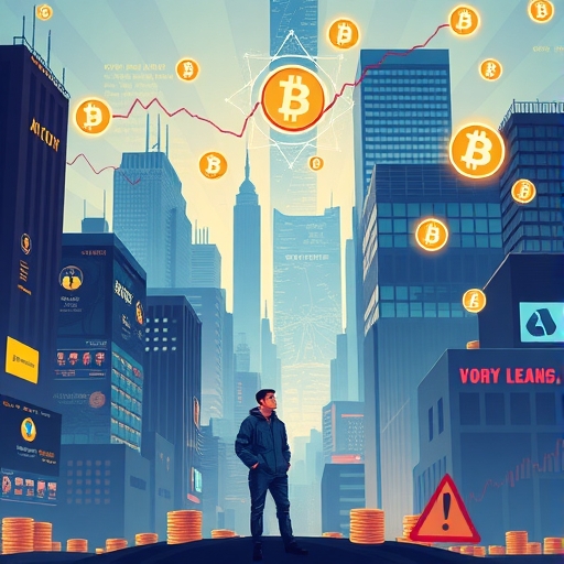 充滿活力的加密貨幣市場插圖，展示數位幣種與圖表，背景為動感城市景觀，象徵創新成長與潛在風險