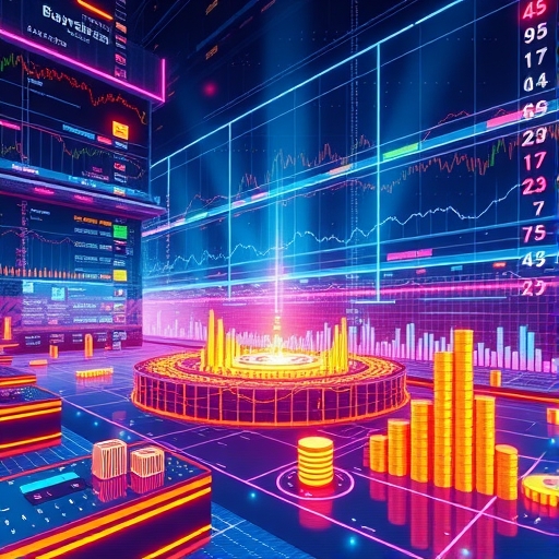 充滿活力的數位交易所平台，數據流光與多元金融產品閃耀，代表區塊鏈創新滿足新時代金融需求