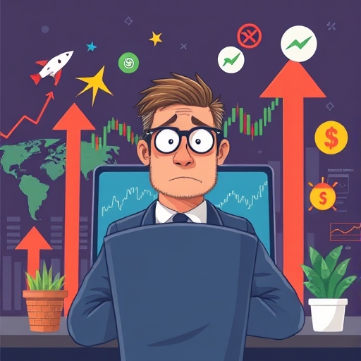 波動股市插圖,顯示上漲與下跌箭頭、擔憂投資者與全球經濟指標