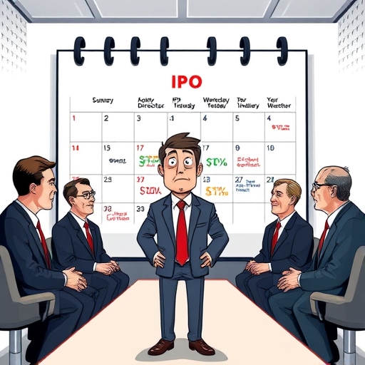 擔憂的CEO面對嚴肅董事會，背景顯示IPO日期衝突的日曆，象徵金融科技新創面臨高壓決策