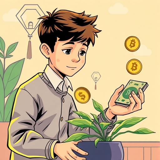 年輕人使用穩定幣進行跨境支付並從DeFi獲取被動收入的數位植物生長圖