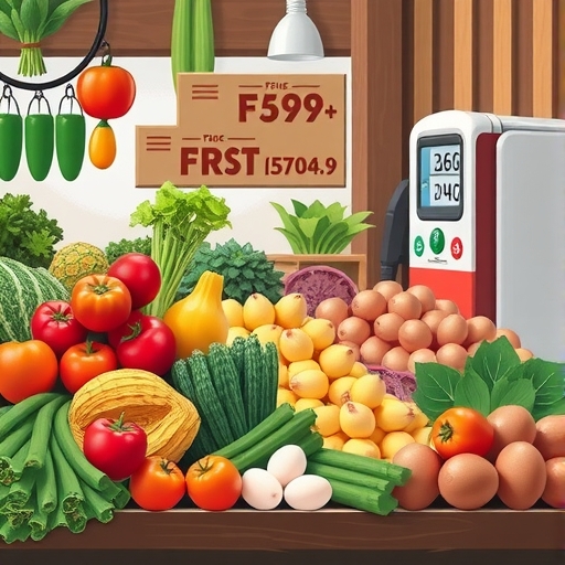 市場攤位上豐富的新鮮蔬菜、水果和蛋類,旁邊有瓦斯泵和電表,象徵食物與能源價格穩定或下降,有助降低通膨