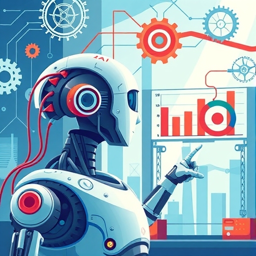 AI機器人帶齒輪與電路驅動軟體產業工廠，齒輪順暢轉動象徵AI成熟與疑慮緩解，自信Jefferies分析師指向軟體贏家圖表