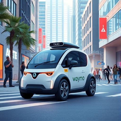 Waymo 無人駕駛 Robotaxi 在未來城市街道平穩行駛，人群注視中展現創新與公眾疑慮的交織